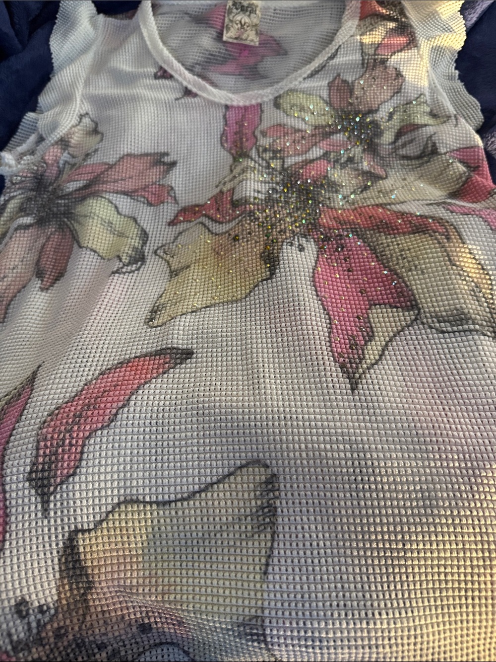 Vocal Apparel Embellished Floral Sublimation Waffle knit Sheer Sleeveless